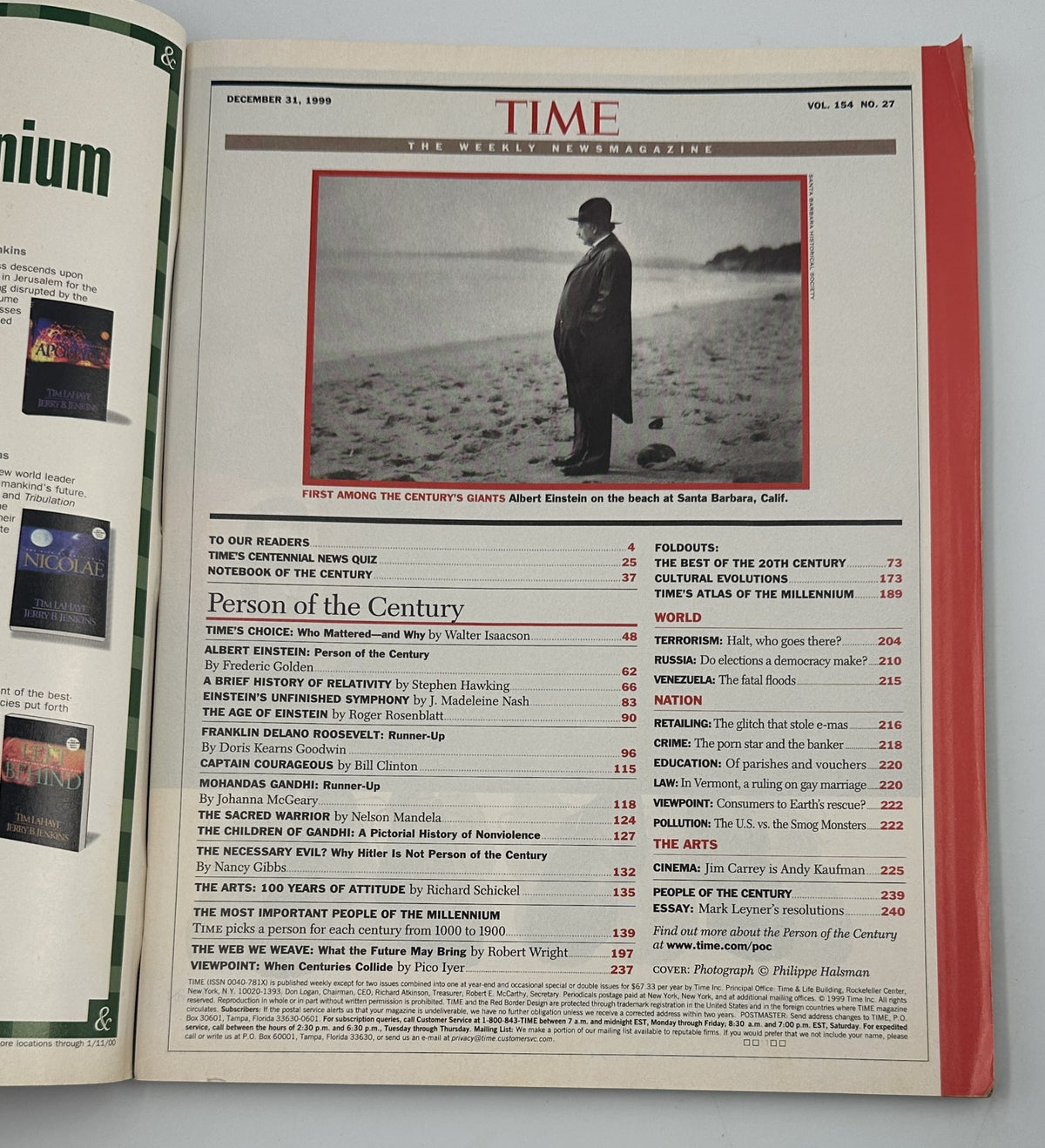 Cover page of Time Magazine December 31, 1999 featuring Albert Einstein as Person of the Century, highlighting the Table of Contents.
