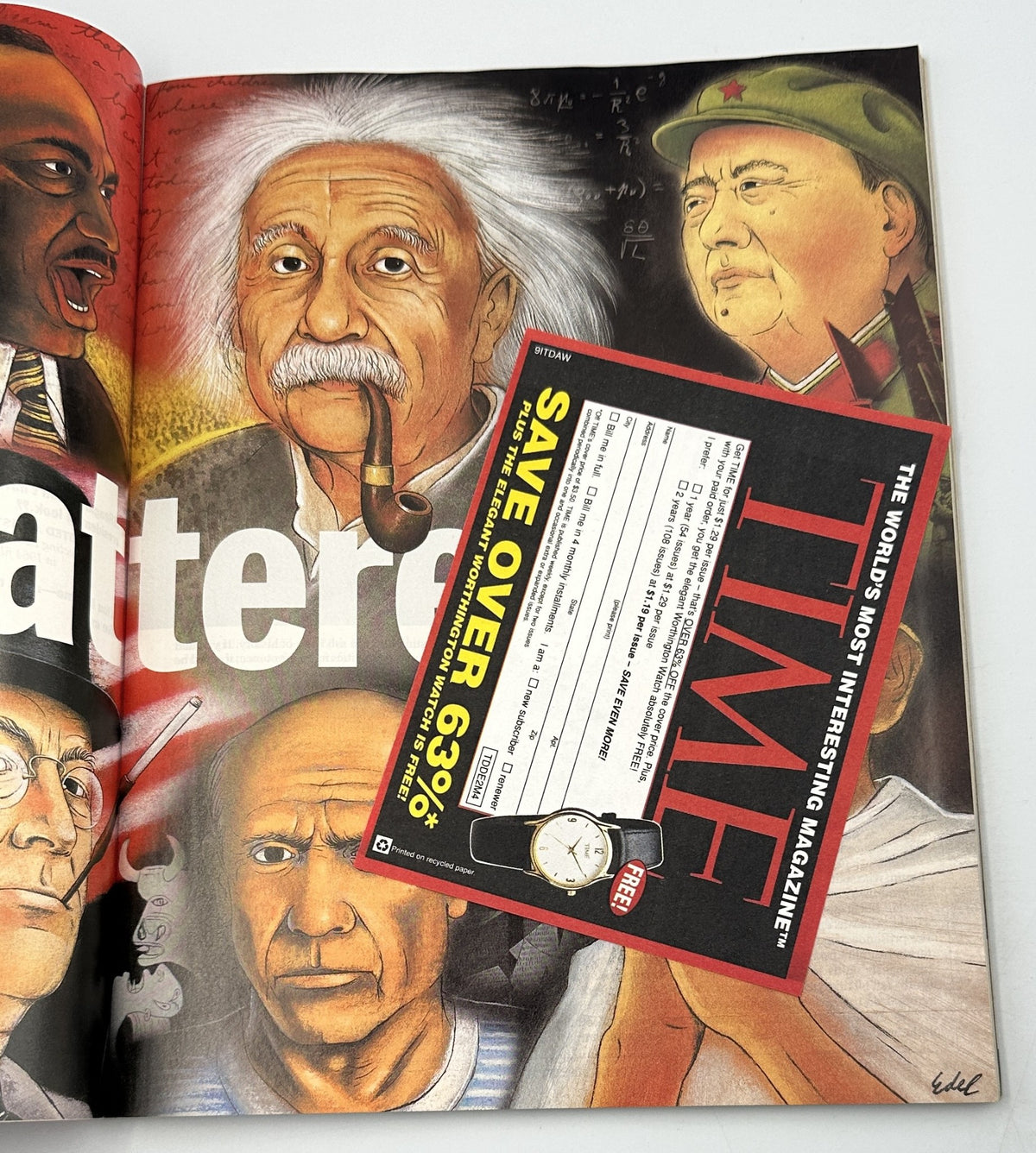 Interior page of Time Magazine December 31, 1999 showcasing a colorful illustration of notable figures, emphasizing Albert Einstein as Person of the Century.