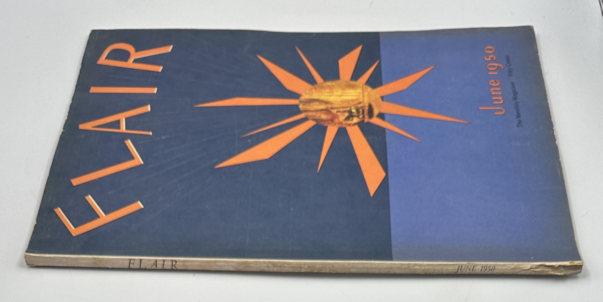 Side view of Flair Magazine June 1950, displaying its cover design with a striking sun motif and the publication date.