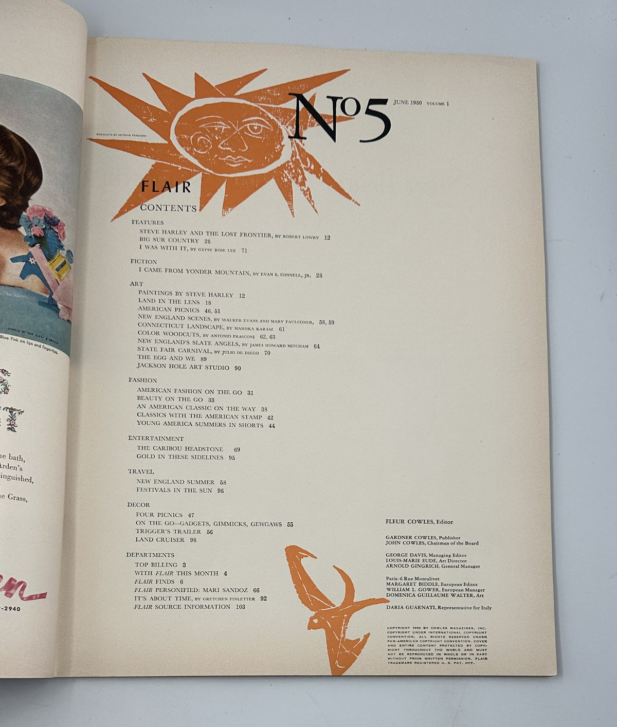Inside page of Flair Magazine June 1950, featuring the Table of Contents with a sun graphic and listing notable articles.