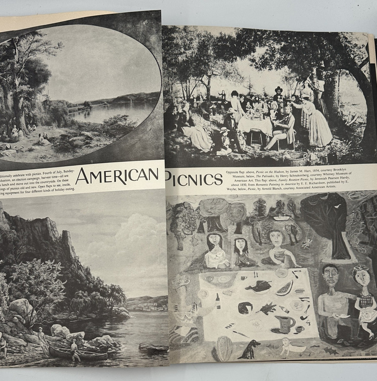 Double-page spread from Flair Magazine June 1950, titled 'American Picnics', showcasing artworks related to outdoor gatherings.