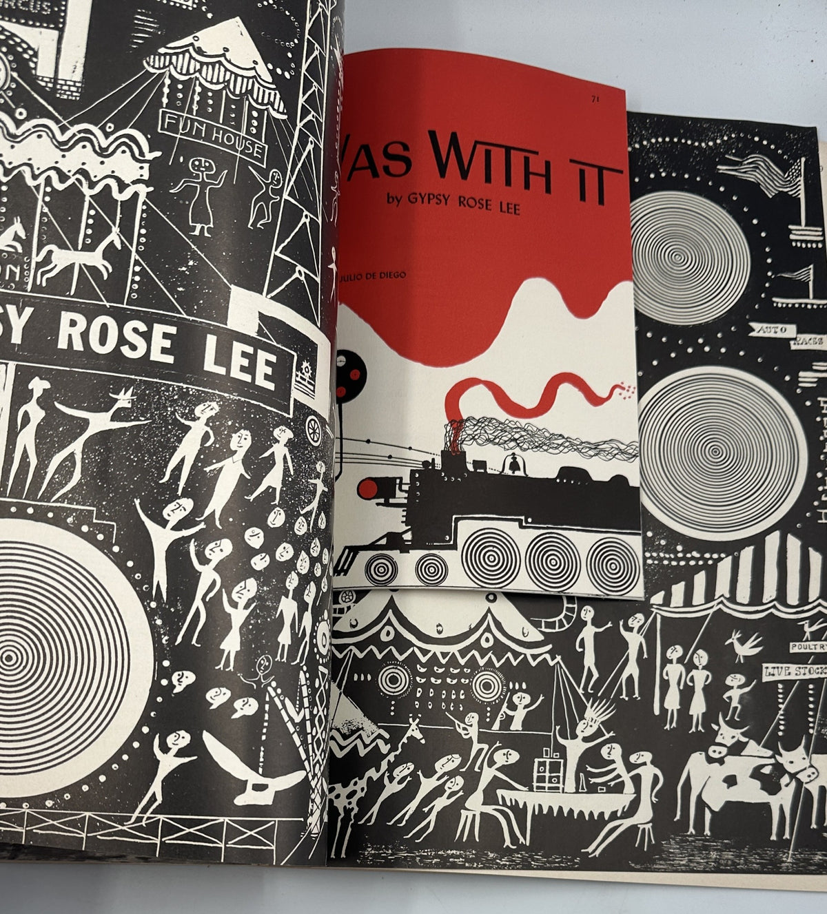 Flair Magazine June 1950 featuring the article 'I Was With It' by Gypsy Rose Lee, illustrated with bold black and red graphics depicting circus scenes and lively festivities.