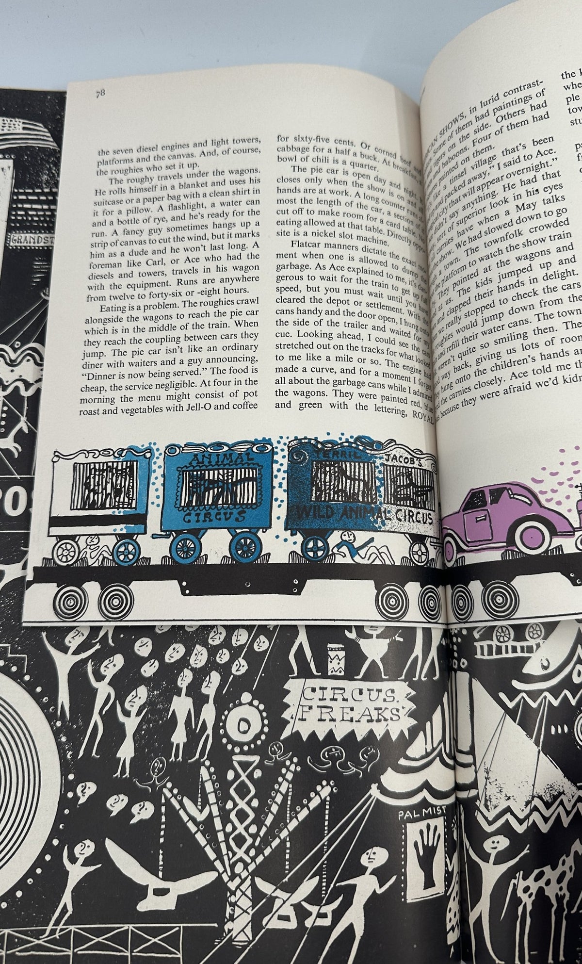 Flair Magazine June 1950 displaying an engaging illustration alongside text about circus life, depicting colorful circus trains and performers in a vibrant, whimsical style.
