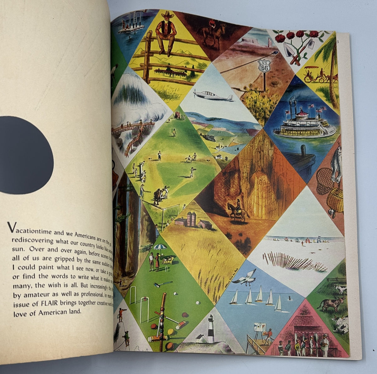 Flair Magazine June 1950 featuring a collage of various American landscapes and popular travel destinations, illustrating the theme of summer exploration and leisure.