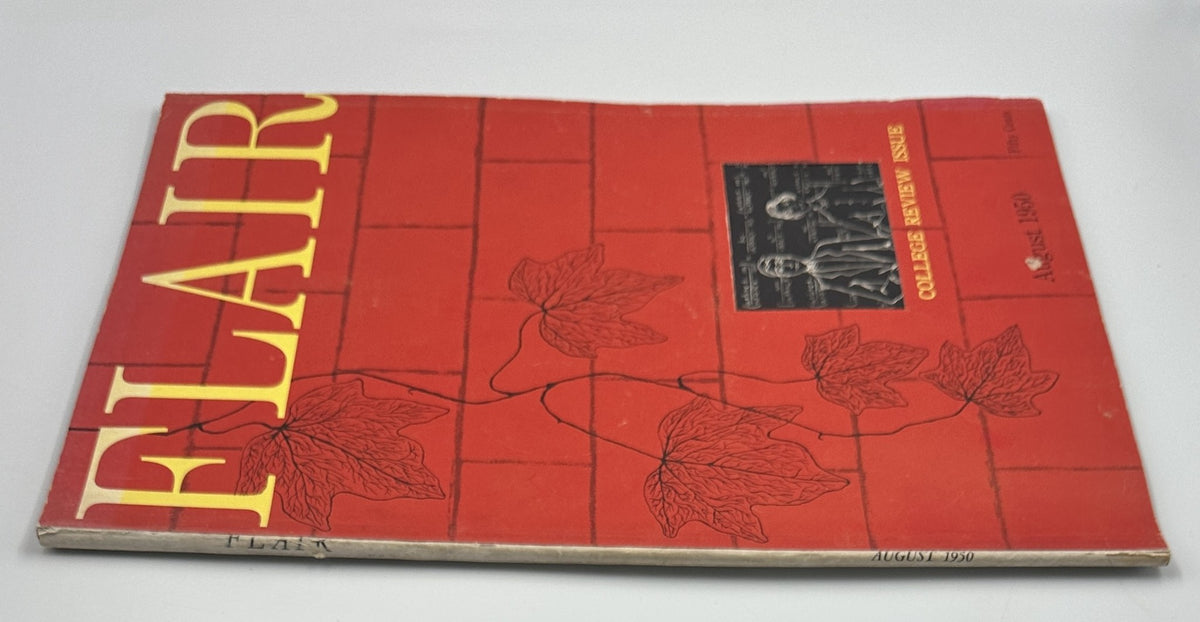 Side view of Flair Magazine August 1950 College Review Issue, showcasing the worn cover with prominent title and illustrations.