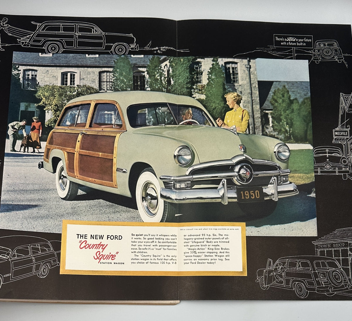 Double-page spread from Flair Magazine August 1950 College Review Issue featuring a vintage advertisement for the 1950 Ford Country Squire.