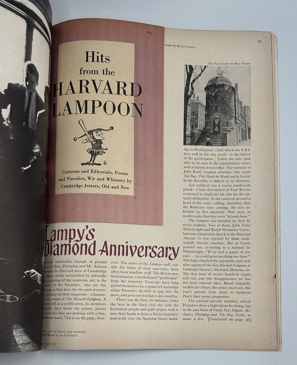 Article page titled 'Hits from the Harvard Lampoon' from Flair Magazine August 1950 College Review Issue, displaying humor and parody in college life with illustrations and text.