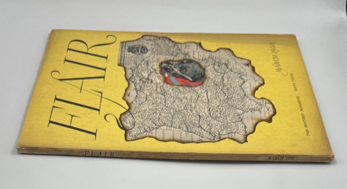 Side view of Flair Magazine, March 1950 edition, displaying the iconic golden cover with a map design. Title: Flair Magazine March 1950 Salvador Dali Gloria Swanson Spain Art.