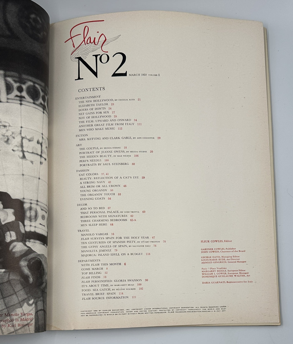 Table of contents page from Flair Magazine, March 1950 edition, listing featured articles including contributions by Elizabeth Taylor and Gloria Swanson. Title: Flair Magazine March 1950 Salvador Dali Gloria Swanson Spain Art.