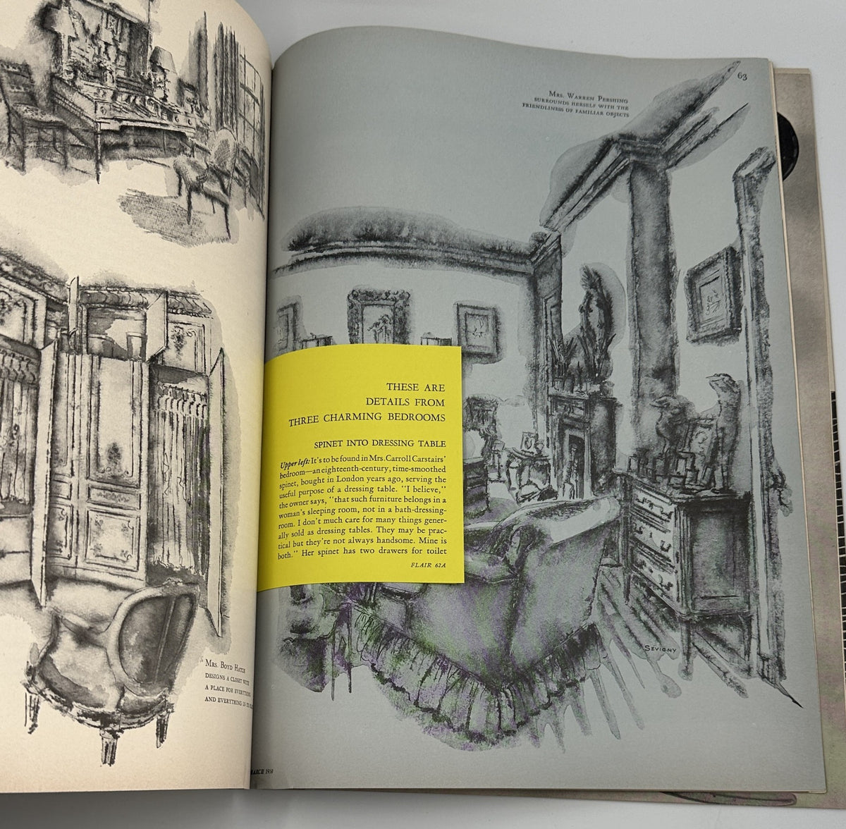 Interior design details from a 1950 Flair Magazine feature, showcasing charming bedrooms with artistic illustrations. Flair Magazine March 1950 Salvador Dali Gloria Swanson Spain Art.