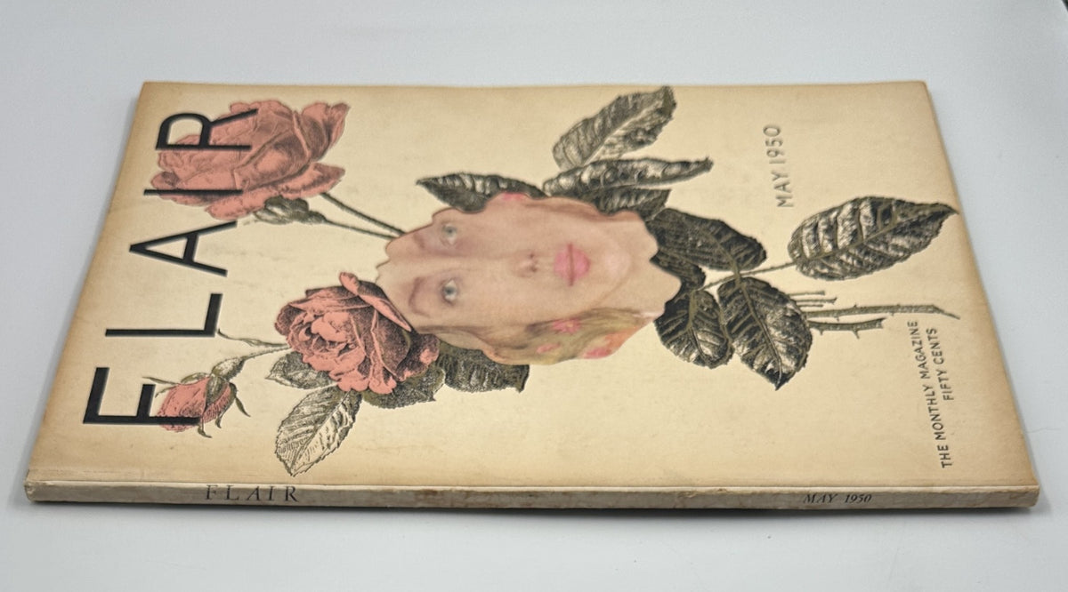 Another view of the Flair Magazine May 1950 cover showcasing roses and an abstract woman's face. The magazine is a collectible piece of mid-century fashion and art history.