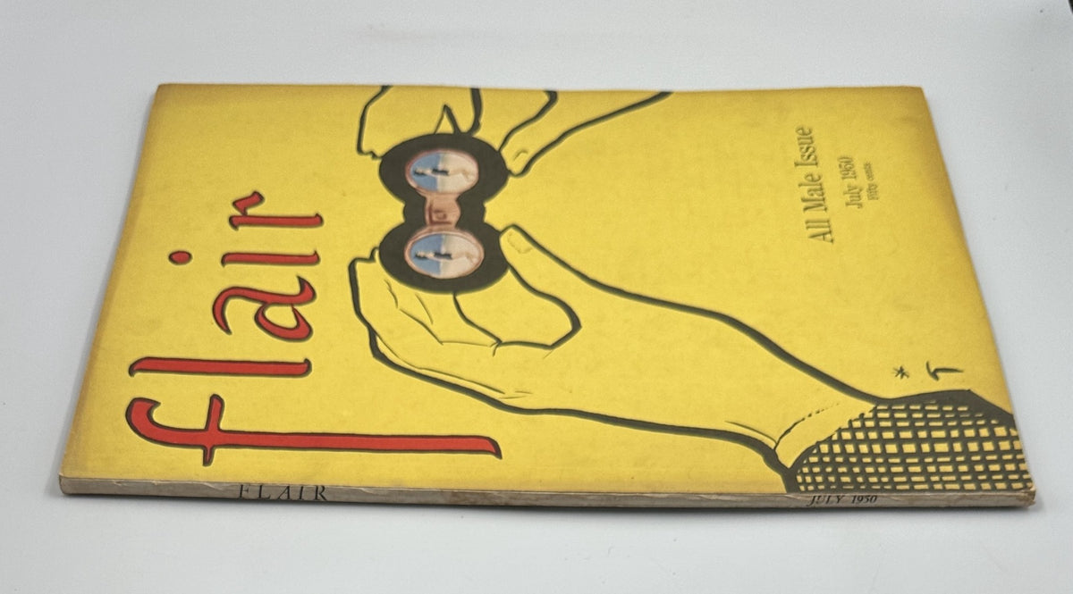 Side view of Flair Magazine July 1950 All Male Issue displaying the magazine's distinctive design with yellow cover and binocular illustration.