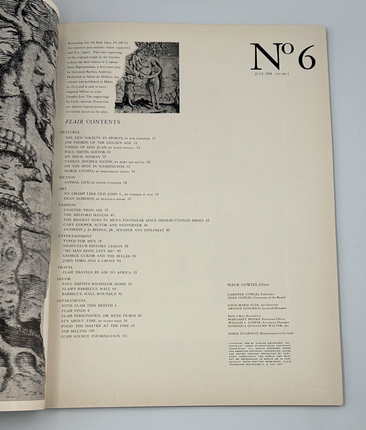 Contents page of Flair Magazine July 1950 All Male Issue listing features including articles and topics relevant to the magazine's focus on male culture.