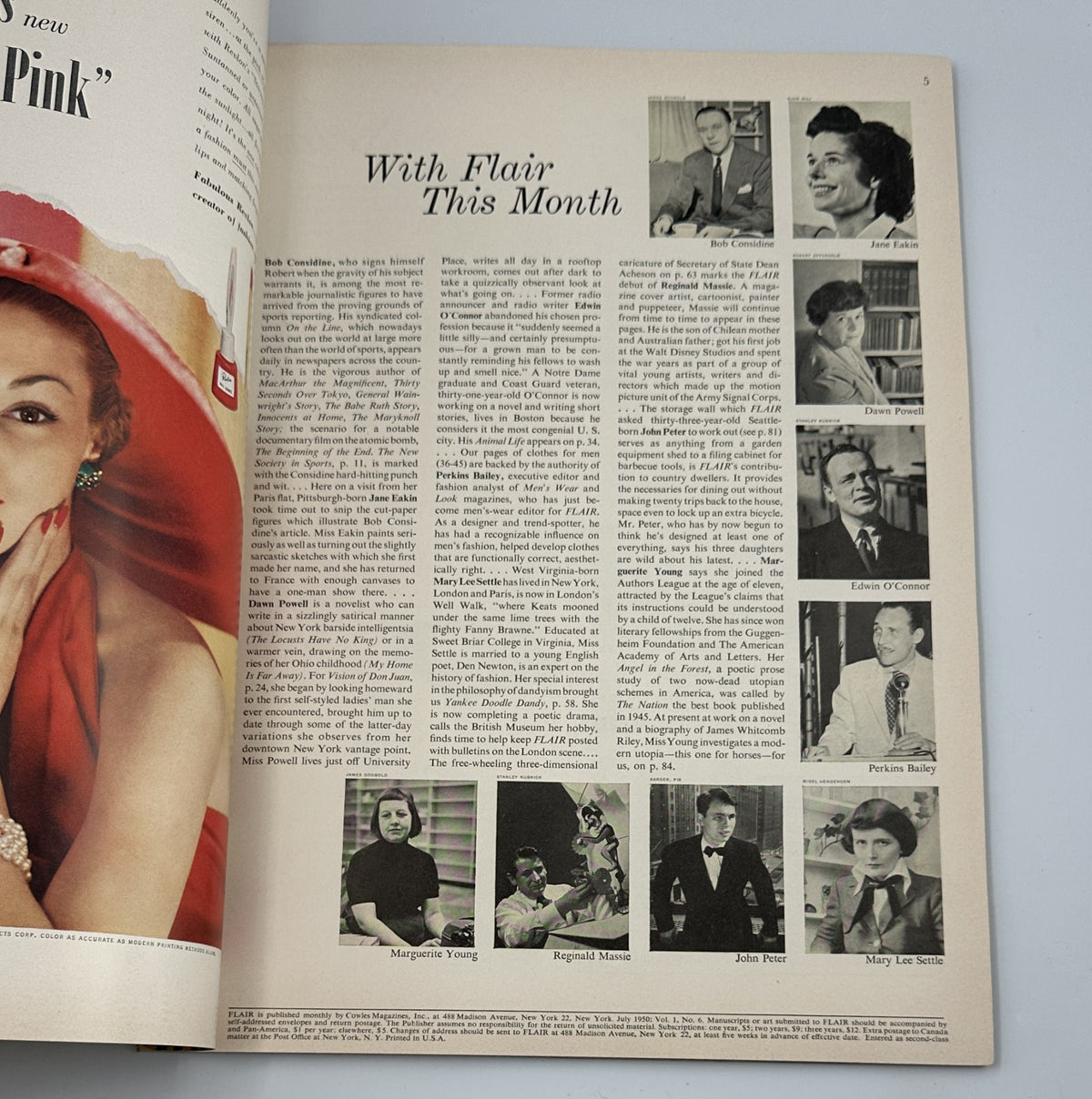 Editorial page from Flair Magazine July 1950 All Male Issue featuring a variety of images and short bios of contributors for that month.