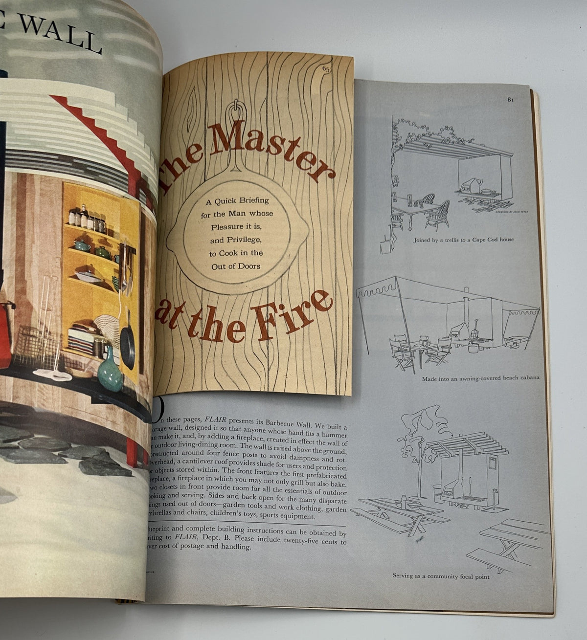 Flair Magazine July 1950 All Male Issue showcasing the Barbecue Wall feature with colorful illustrations and descriptions of outdoor cooking setups.