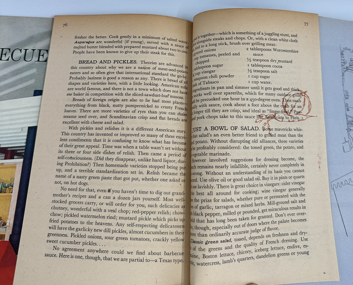 Flair Magazine July 1950 All Male Issue featuring a page on traditional recipes including bread and pickles, highlighting outdoor cooking tips.