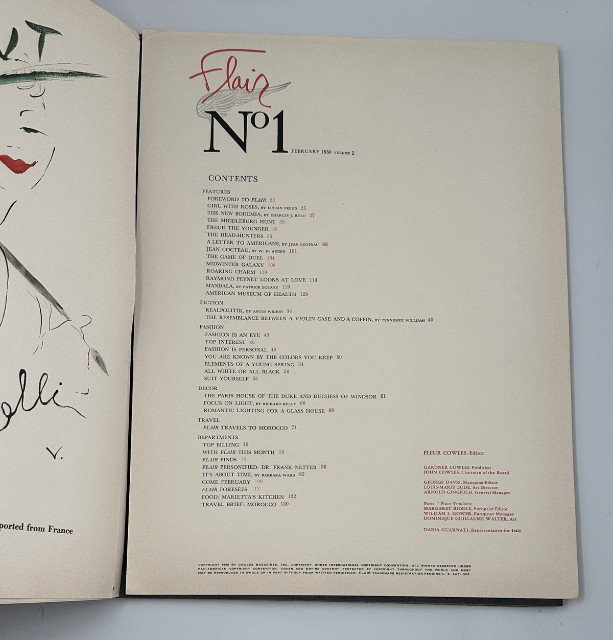 Inside page of Flair Magazine February 1950 listing the contents, offering a glimpse into the featured articles and artistic contributions.