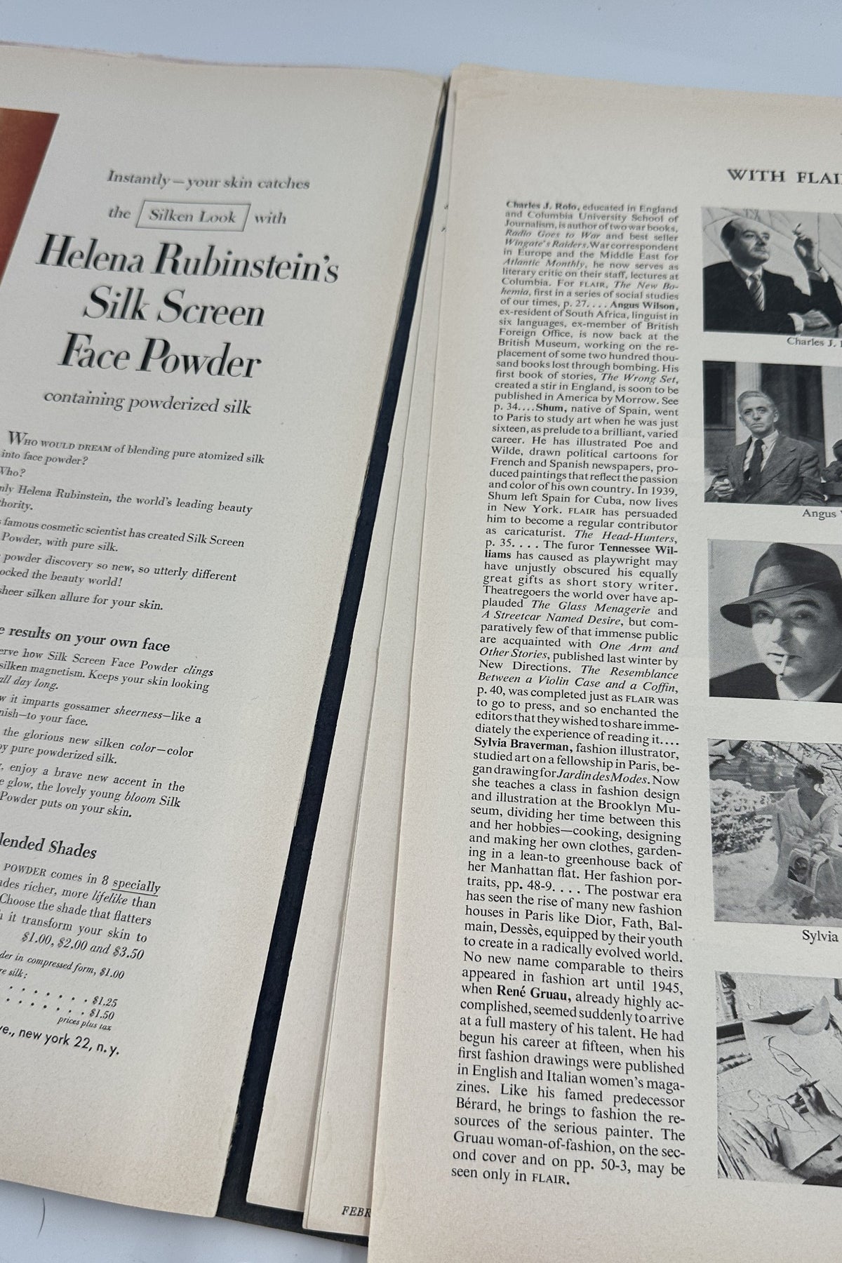 Another interior spread from Flair Magazine February 1950, highlighting advertising content and additional features within the publication.