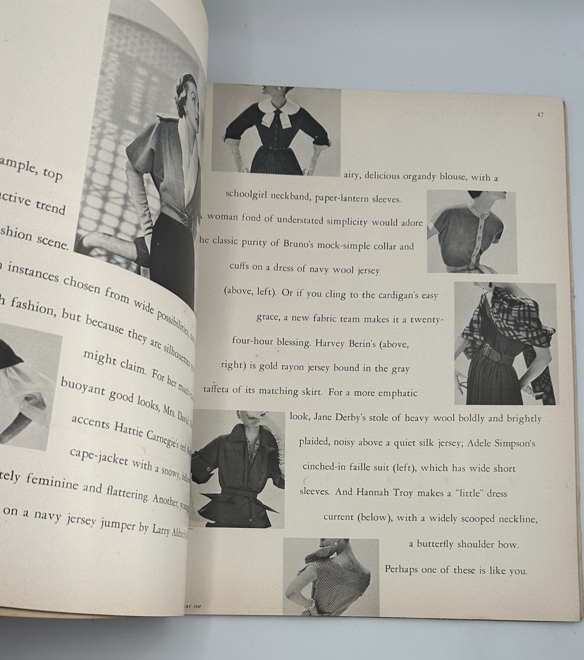 Flair Magazine February 1950 page featuring fashion styling tips, presenting various outfit ideas for women, including details on materials and cuts.