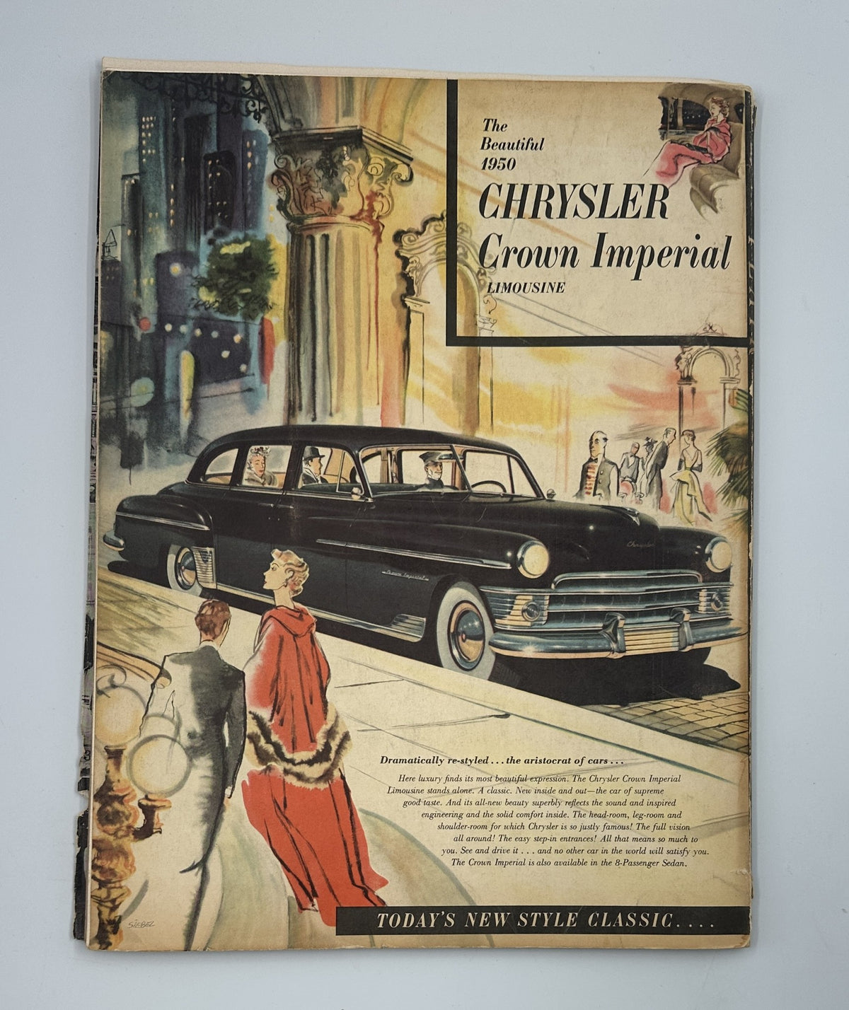 Cover of Flair Magazine February 1950, highlighting a vintage Chrysler Crown Imperial Limousine, emphasizing classic automobile design and fashion trends.