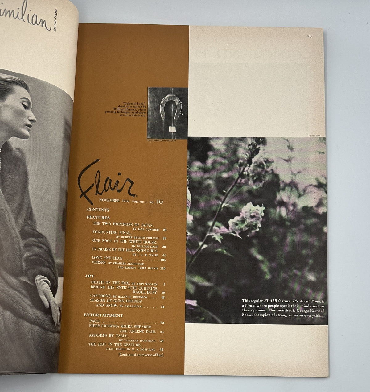 Table of contents page from Flair Magazine November 1950, showcasing articles including 'The Two Emperors of Japan' and 'One Foot in the White House', featuring stylish design elements.