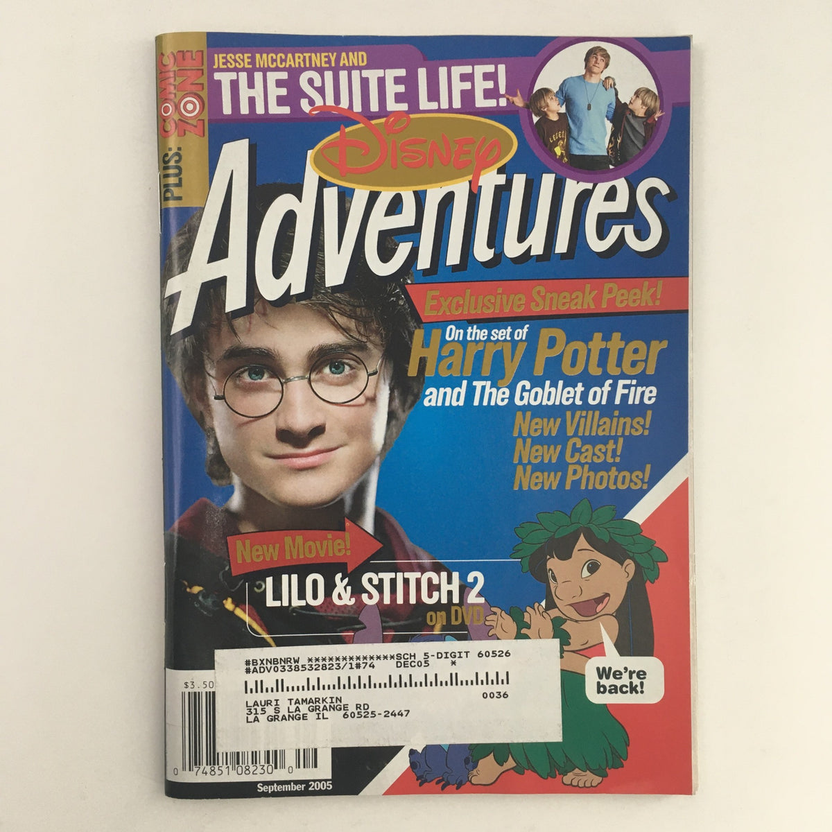 Cover of Disney Adventures Magazine, September 2005 featuring Jesse McCartney and The Suite Life, showcasing highlights such as Harry Potter and Lilo & Stitch.