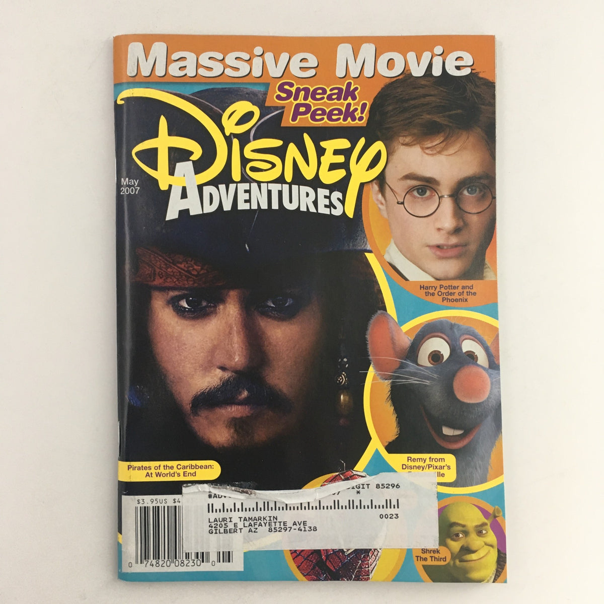 Disney Adventures Magazine May 2007 cover featuring Johnny Depp, Daniel Radcliffe, and characters from Pirates of the Caribbean and Harry Potter. A collectible vintage magazine in very good condition, showcasing sneak peeks of massive movies.