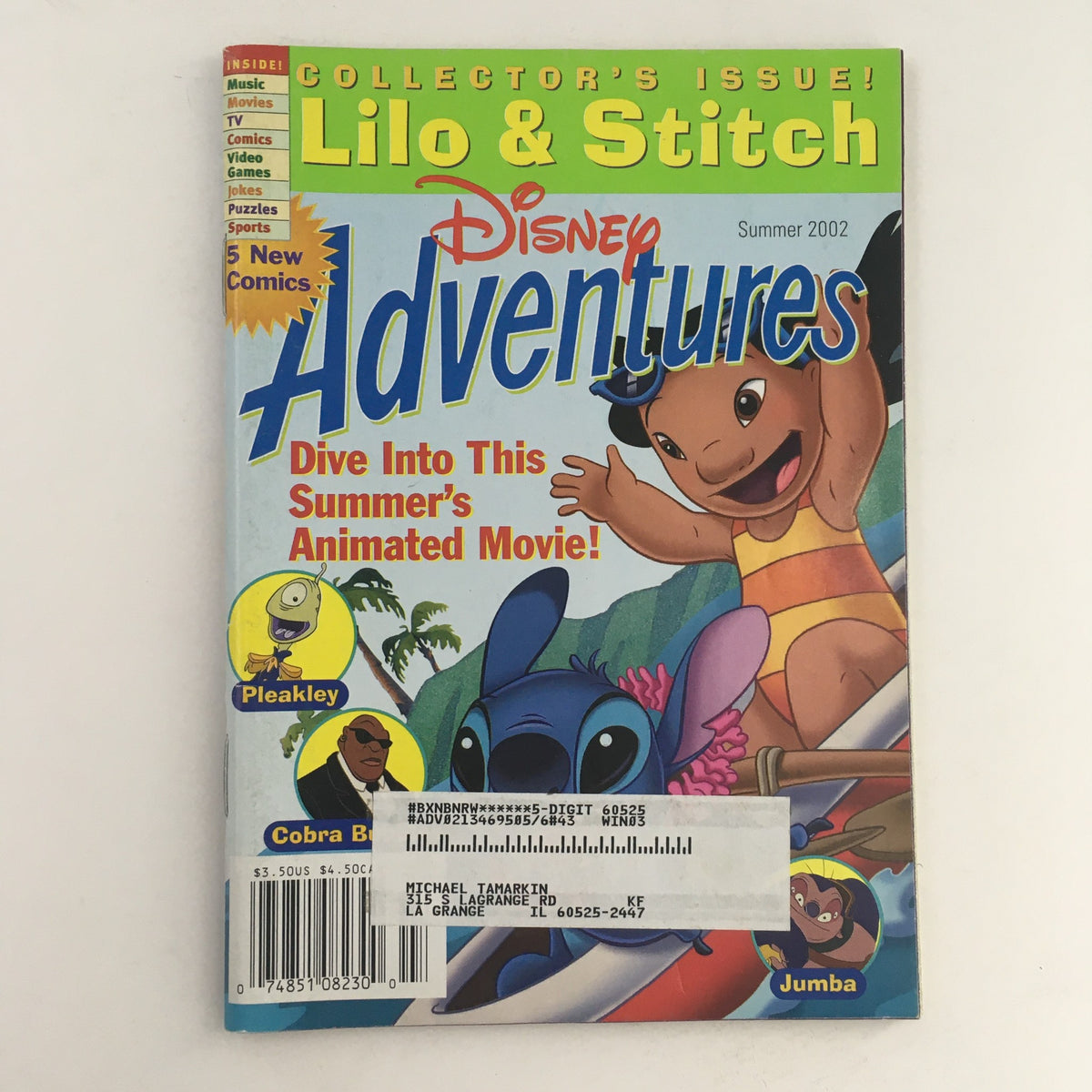 Cover of Disney Adventures Magazine Summer 2002 featuring Lilo & Stitch characters, including Pleakley, Cobra Bubbles, and Jumba. The magazine showcases vibrant artwork and is highlighted as a collector's issue.