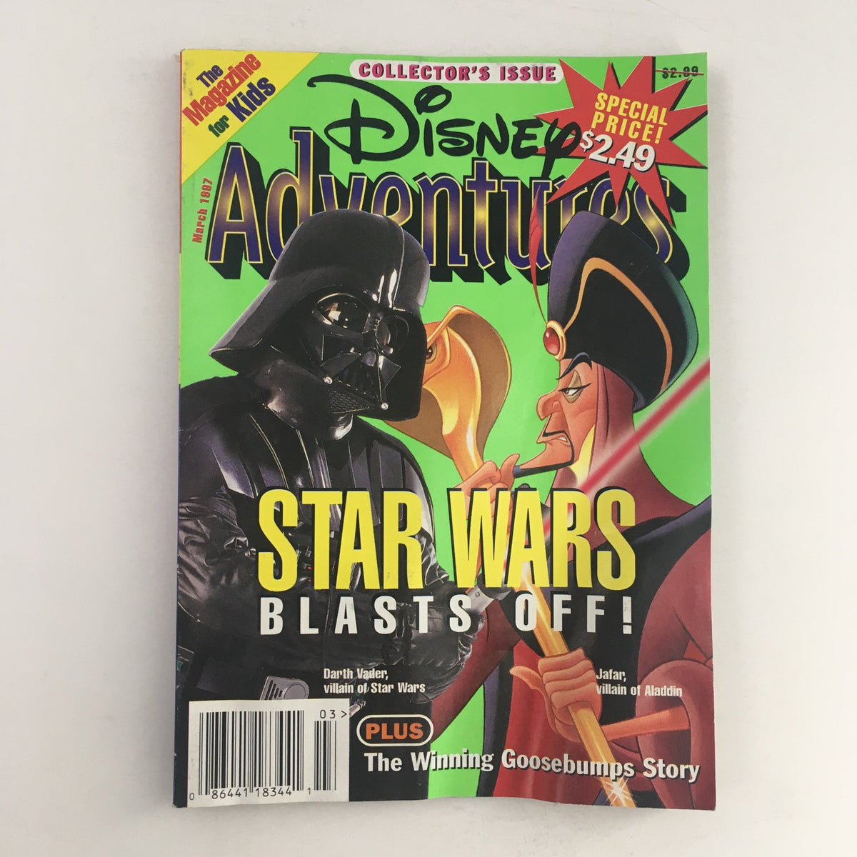 Disney Adventures Magazine March 1997 featuring Darth Vader and Jafar on the cover. This collector's issue highlights iconic Disney villains and includes stories from Star Wars and Aladdin.