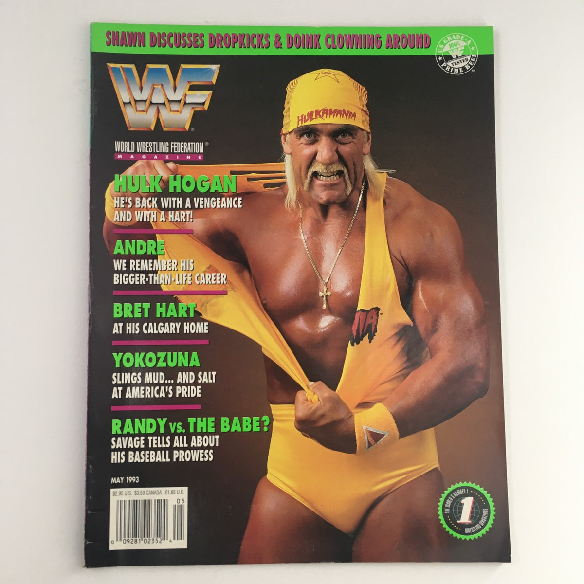 WWF Magazine May 1993 cover featuring Hulk Hogan, highlighting his return with a vengeance, alongside an article on Andre the Giant, showcasing the legendary wrestlers in a vintage wrestling magazine.