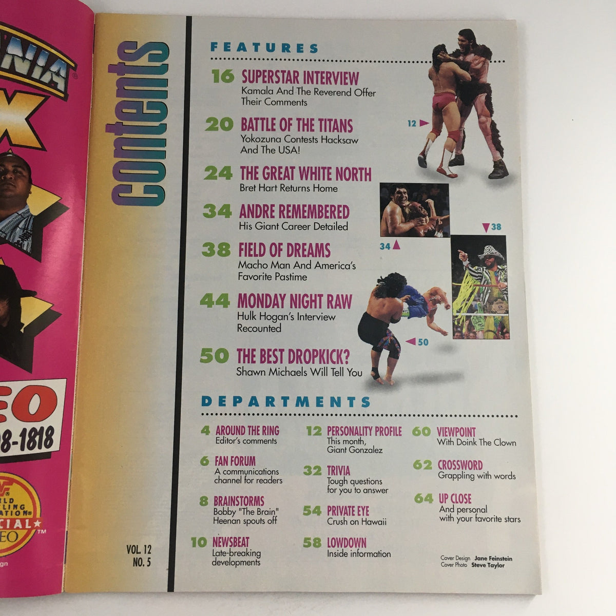 Contents page of WWF Magazine May 1993, detailing features such as interviews, highlights of wrestlers including Andre the Giant, and articles on wrestling events, showcasing important moments and personalities in wrestling history.