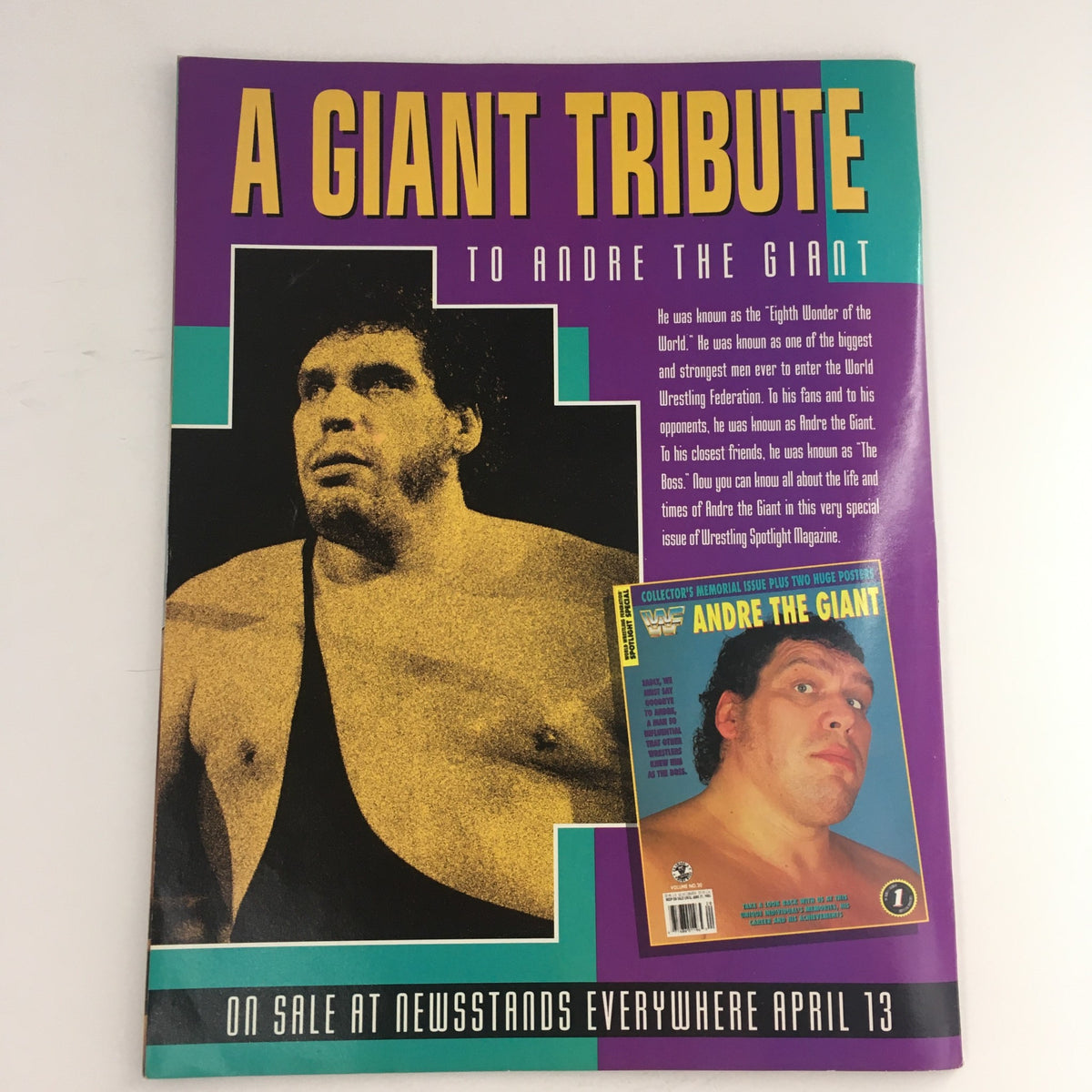 A Giant Tribute page in WWF Magazine May 1993 dedicated to Andre the Giant, featuring an iconic image and text honoring his legacy as the ‘Eighth Wonder of the World’ and his impact on professional wrestling.