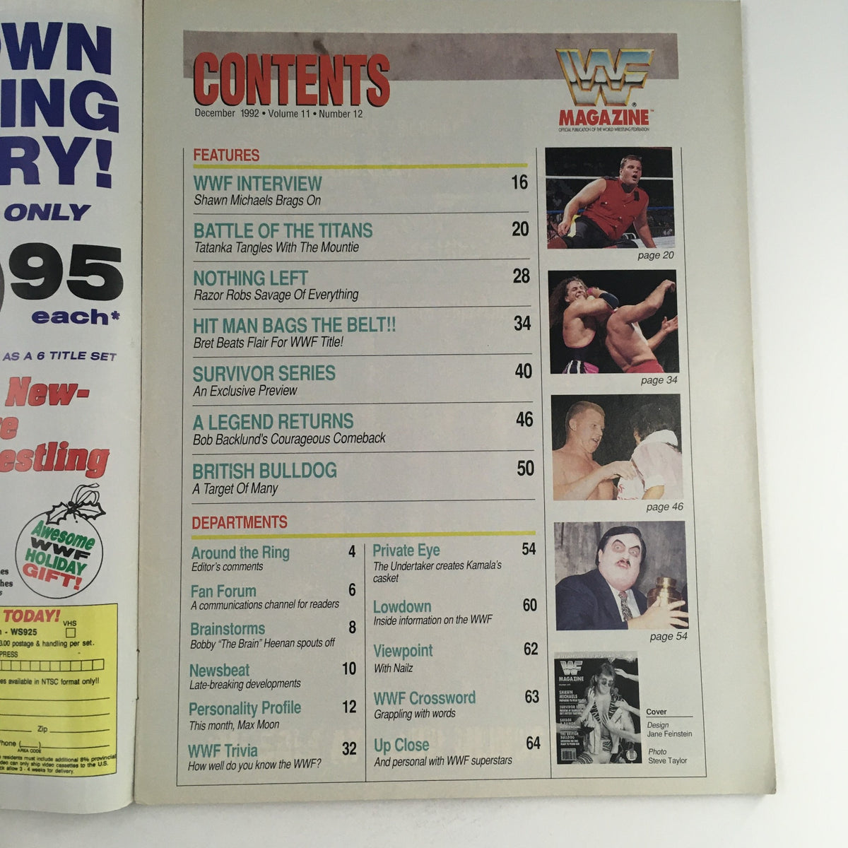 Contents page of the WWF Magazine December 1992, listing articles and features about wrestling legends including Shawn Michaels, Bret Hart, and Survivor Series previews.