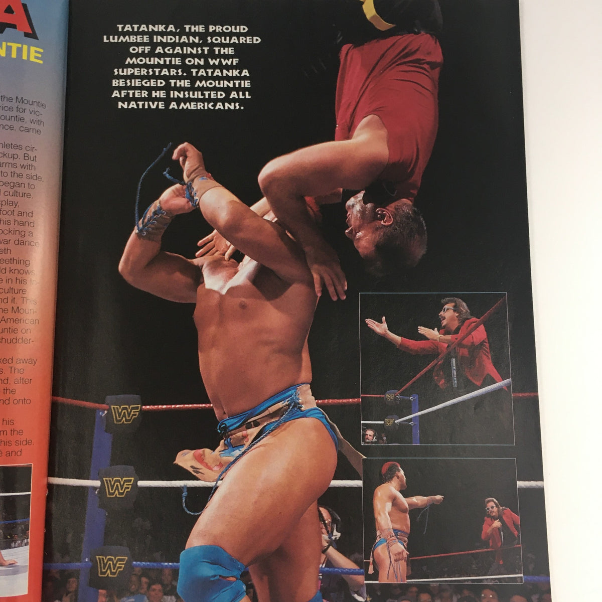 WWF Magazine December 1992 - Image showcasing Tatanka in a wrestling match against the Mountie, highlighting a dynamic moment capturing the excitement of WWF Superstars.