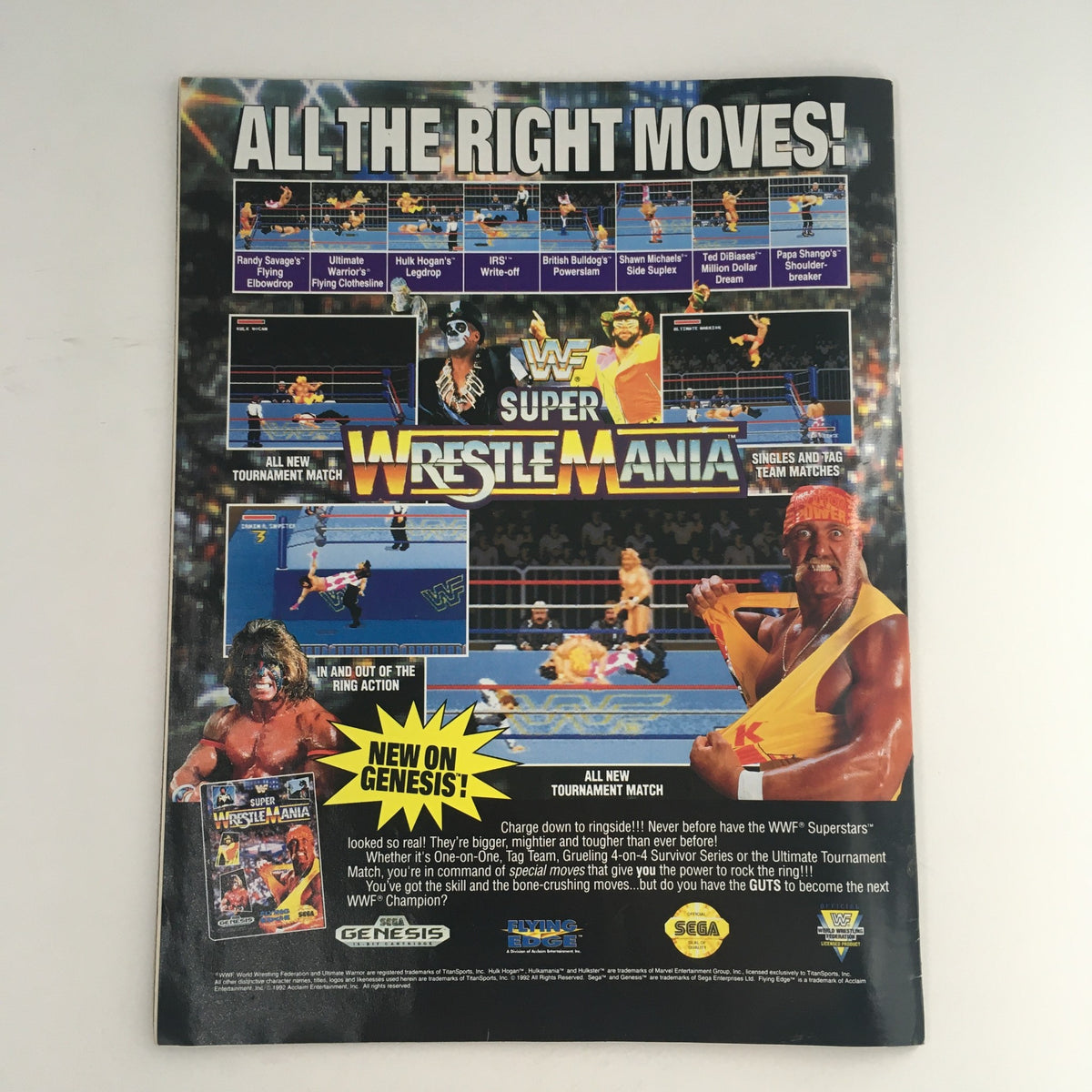 WWF Magazine December 1992 - Advertisement page featuring Super WrestleMania video game with illustrations of wrestler moves, focusing on iconic wrestlers like Randy Savage and Hulk Hogan.