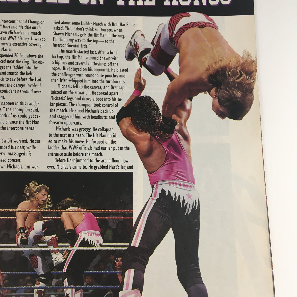 Action shot from WWF Magazine October 1992 depicting Shawn Michaels performing a move against Bret Hart in a Ladder Match for the Intercontinental Title.