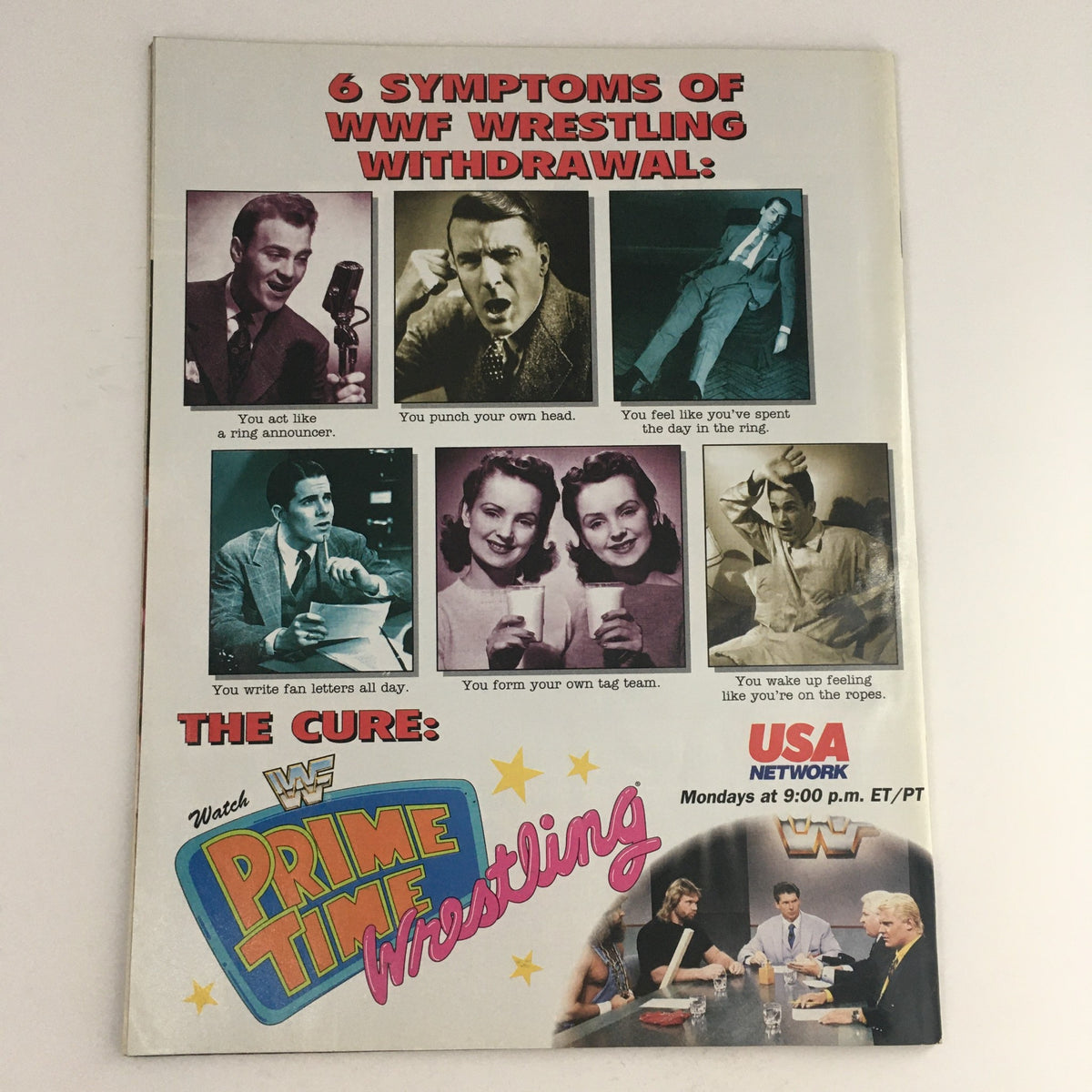 Last page of WWF Magazine October 1992 highlighting '6 Symptoms of WWF Wrestling Withdrawal' with a colorful advertisement for 'Prime Time Wrestling' on USA Network.