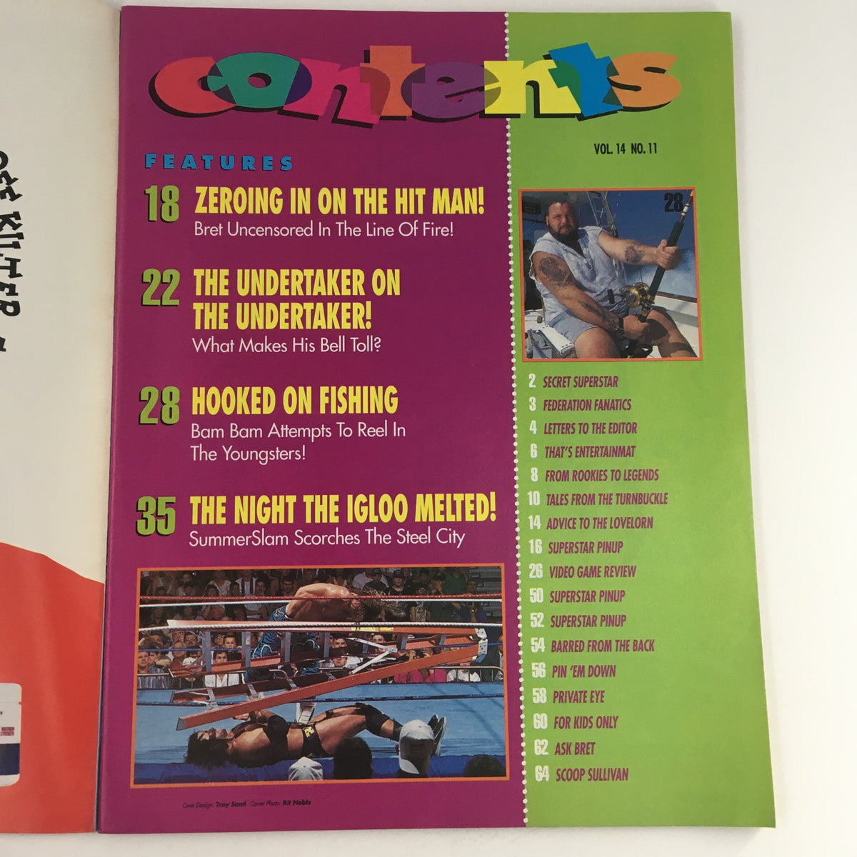 Contents page of WWF Magazine November 1995, listing features such as interviews with The Hit Man and The Undertaker.
