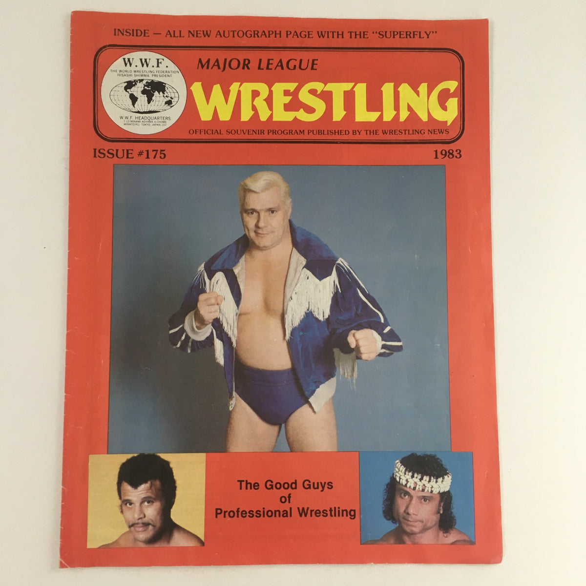 Cover of Major League Wrestling 1983 Issue #175 featuring wrestling icons, showcasing Andre the Giant in a blue outfit and Mr. Fuji, with headline 'The Good Guys of Professional Wrestling'.