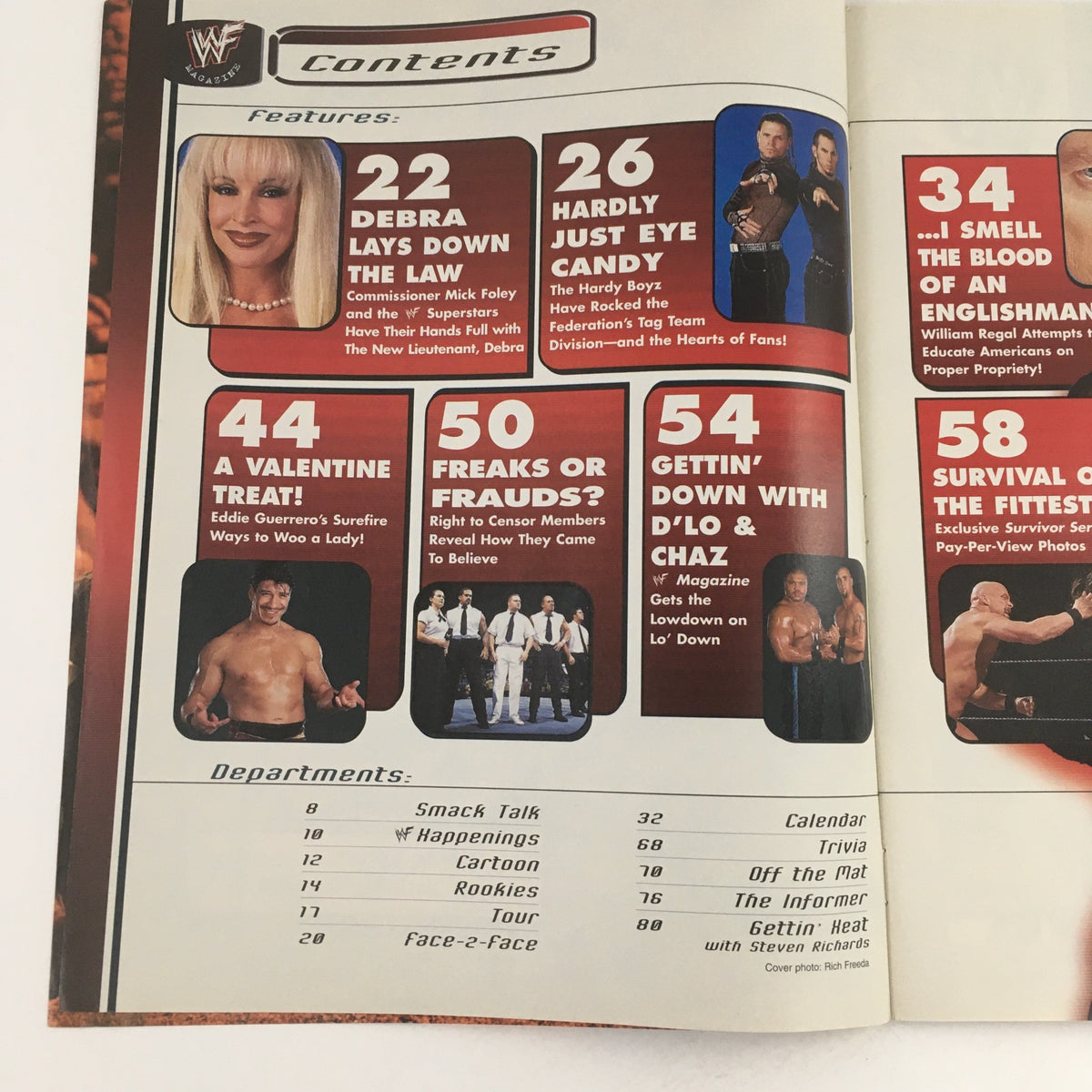 WWF Magazine February 2001 contents page featuring articles including Hardly Just Eye Candy and more, showcasing the Dream Team Jeff & Matt Hardy.