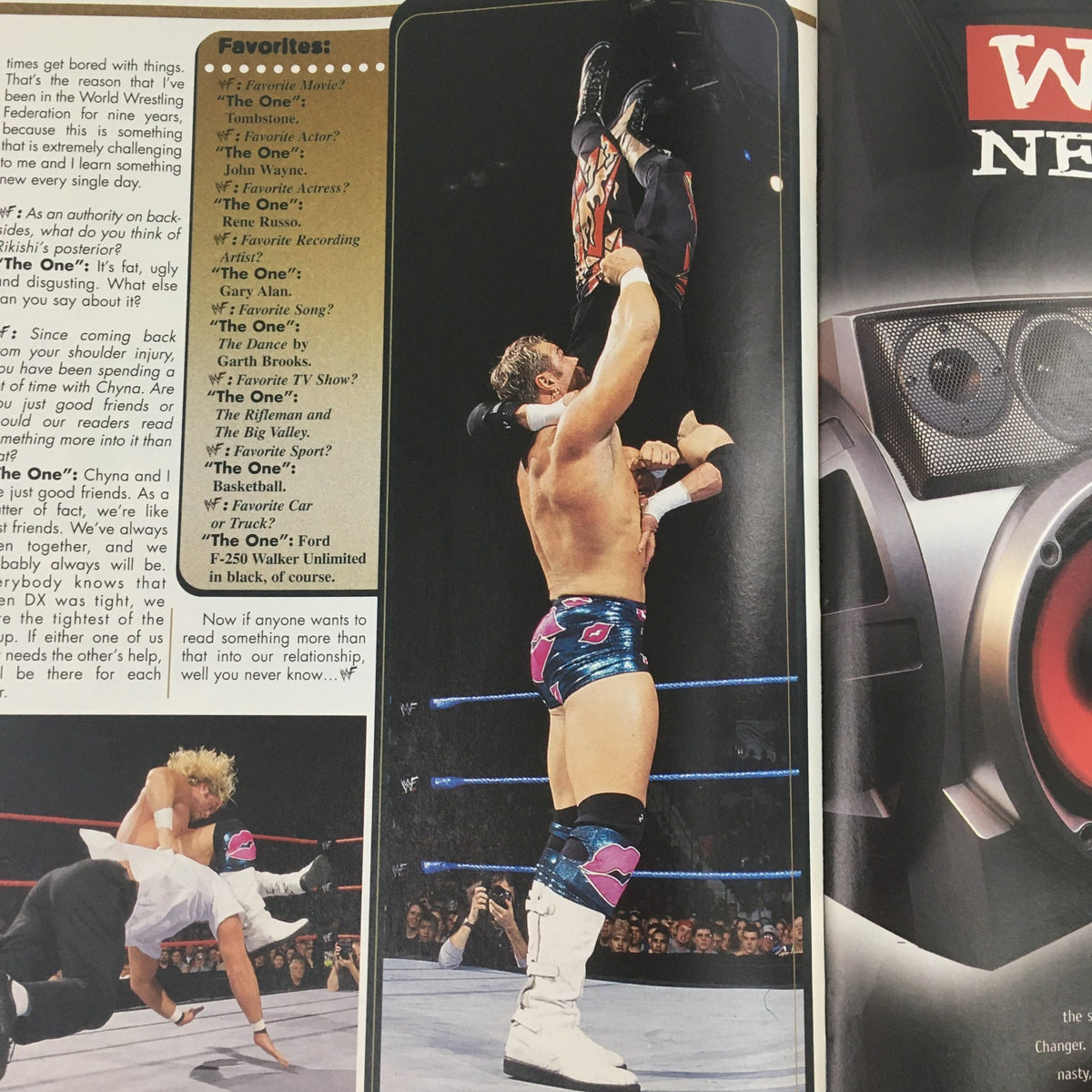 WWF Magazine February 2001 action shot of a wrestler performing a move in the ring, highlighting the athleticism of Jeff & Matt Hardy.