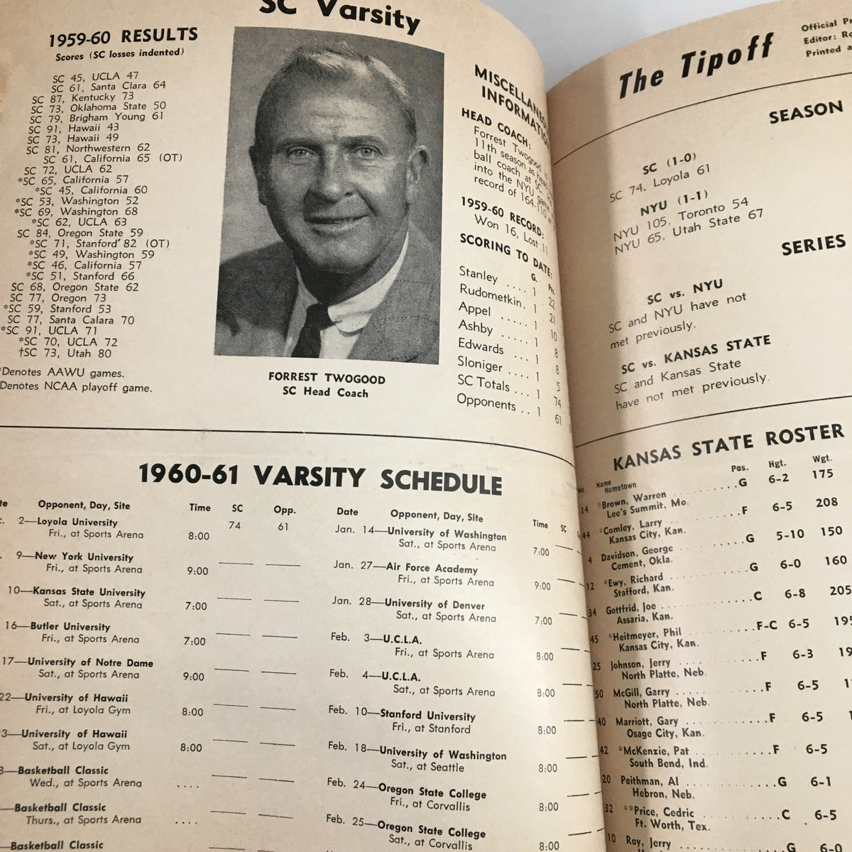 Inside page of the December 10, 1961 NCAA Basketball UCLA vs NYU The Tipoff Official Program featuring the head coach and varsity schedule.