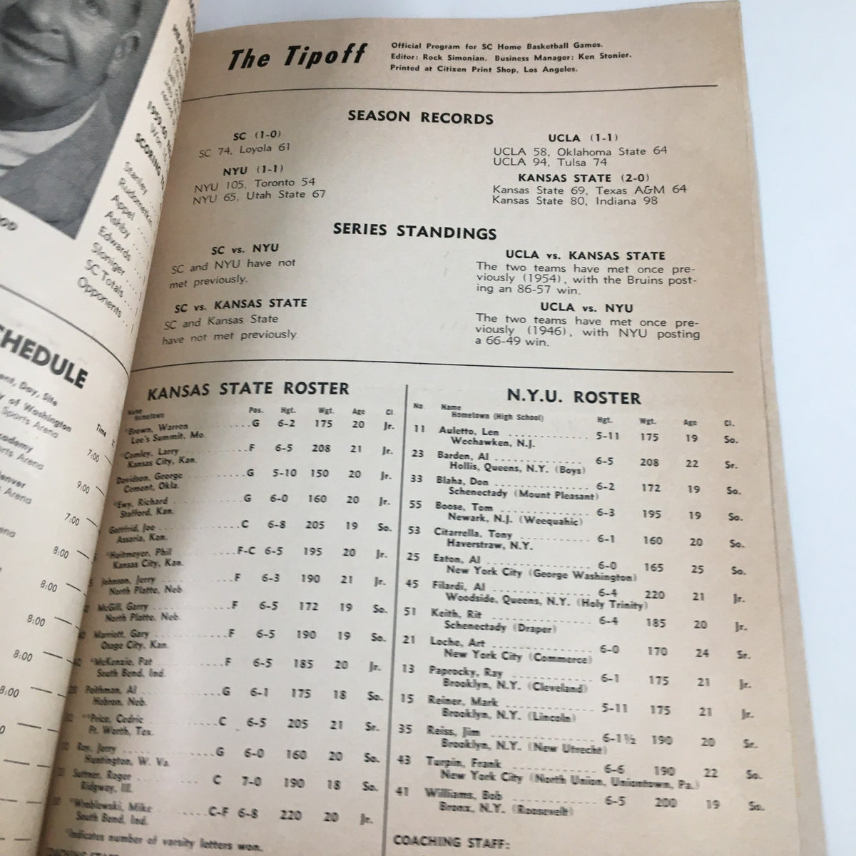 Inside page of the December 10 1961 NCAA Basketball UCLA vs NYU The Tipoff Official Program featuring series standings and player rosters.