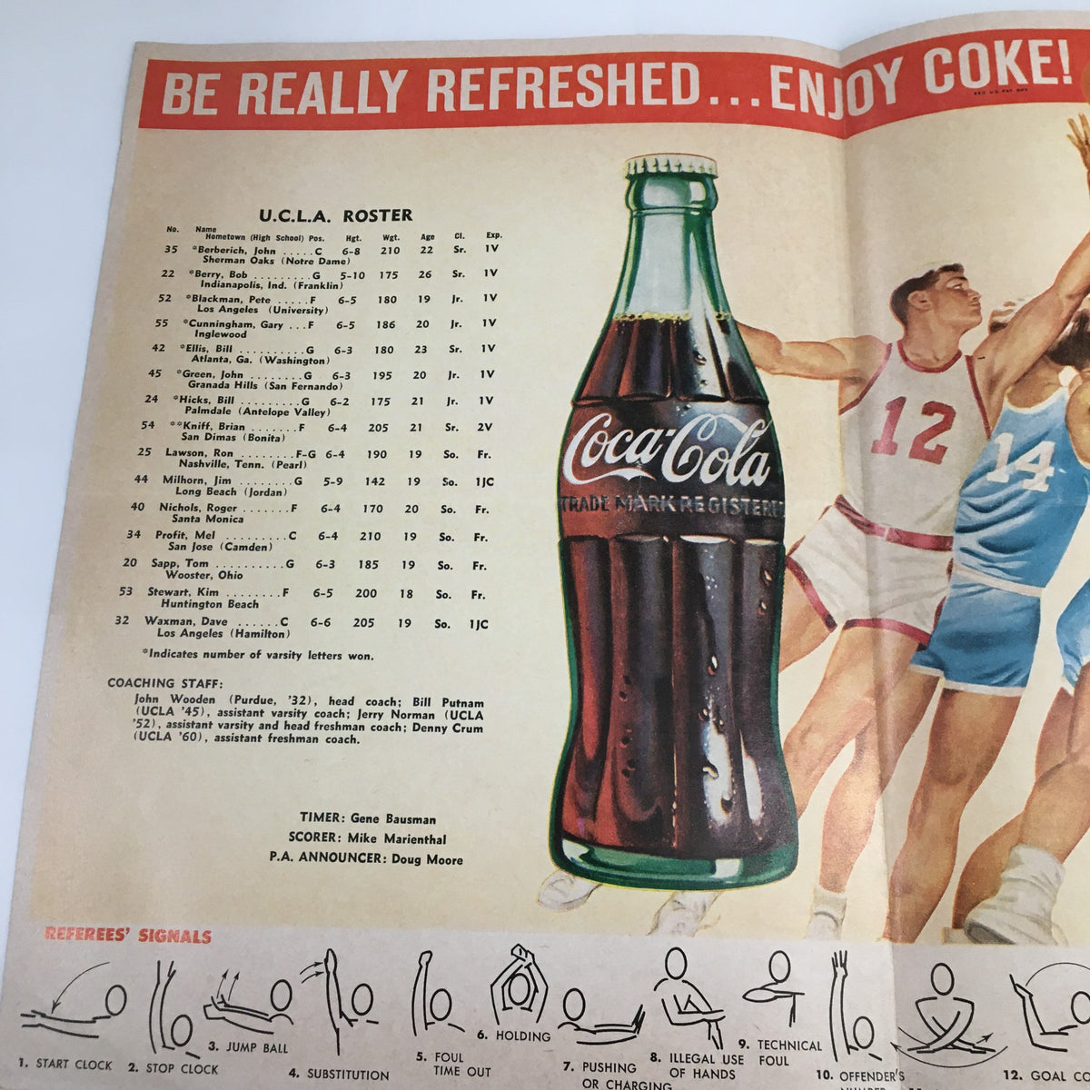 Advertisement for Coca-Cola alongside the U.C.L.A. roster from the December 10 1961 NCAA Basketball UCLA vs NYU The Tipoff Official Program.