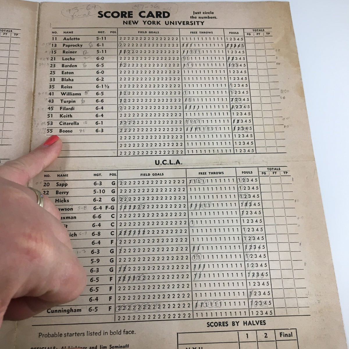 Scorecard from the December 10 1961 NCAA Basketball UCLA vs NYU The Tipoff Official Program detailing player statistics.
