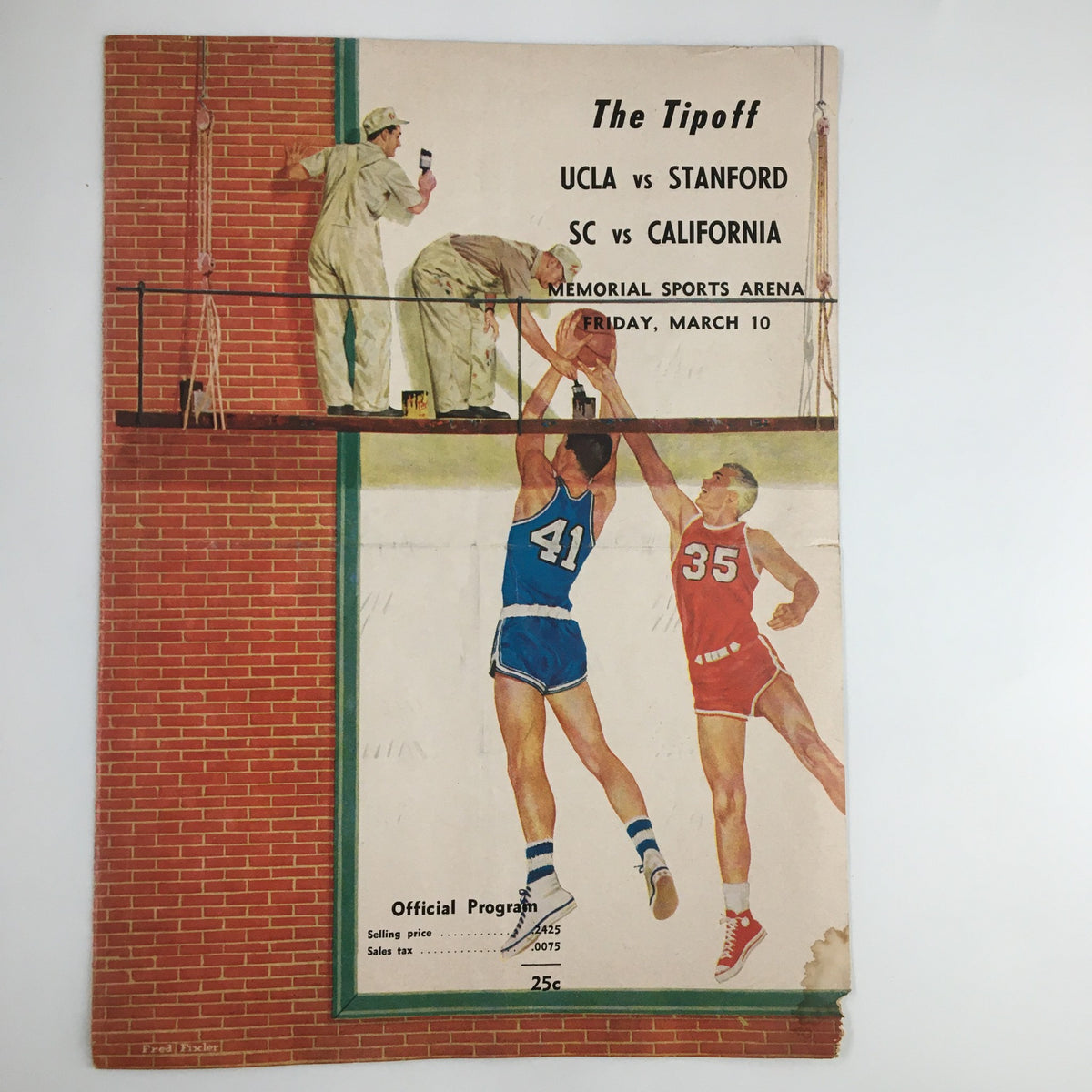 Vintage March 10, 1960 NCAA Basketball UCLA vs Stanford Official Program cover featuring players on a brick background.