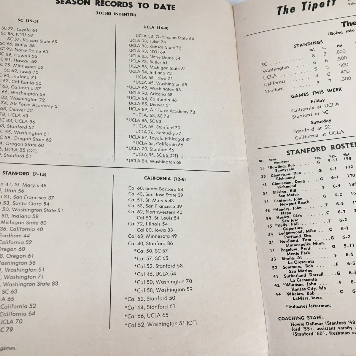 Interior page of the March 10, 1960 NCAA Basketball UCLA vs Stanford Official Program displaying season records.