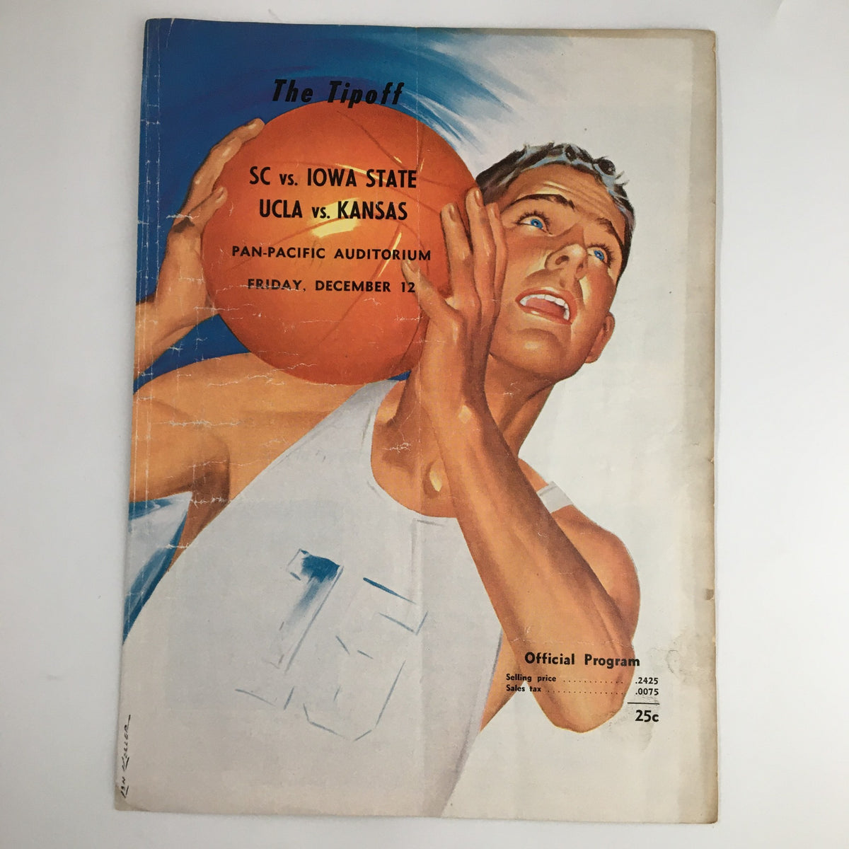 Cover of the official program from the December 12 1960 NCAA Basketball game featuring UCLA vs Kansas, showcasing a basketball player in action with vibrant colors and game details.