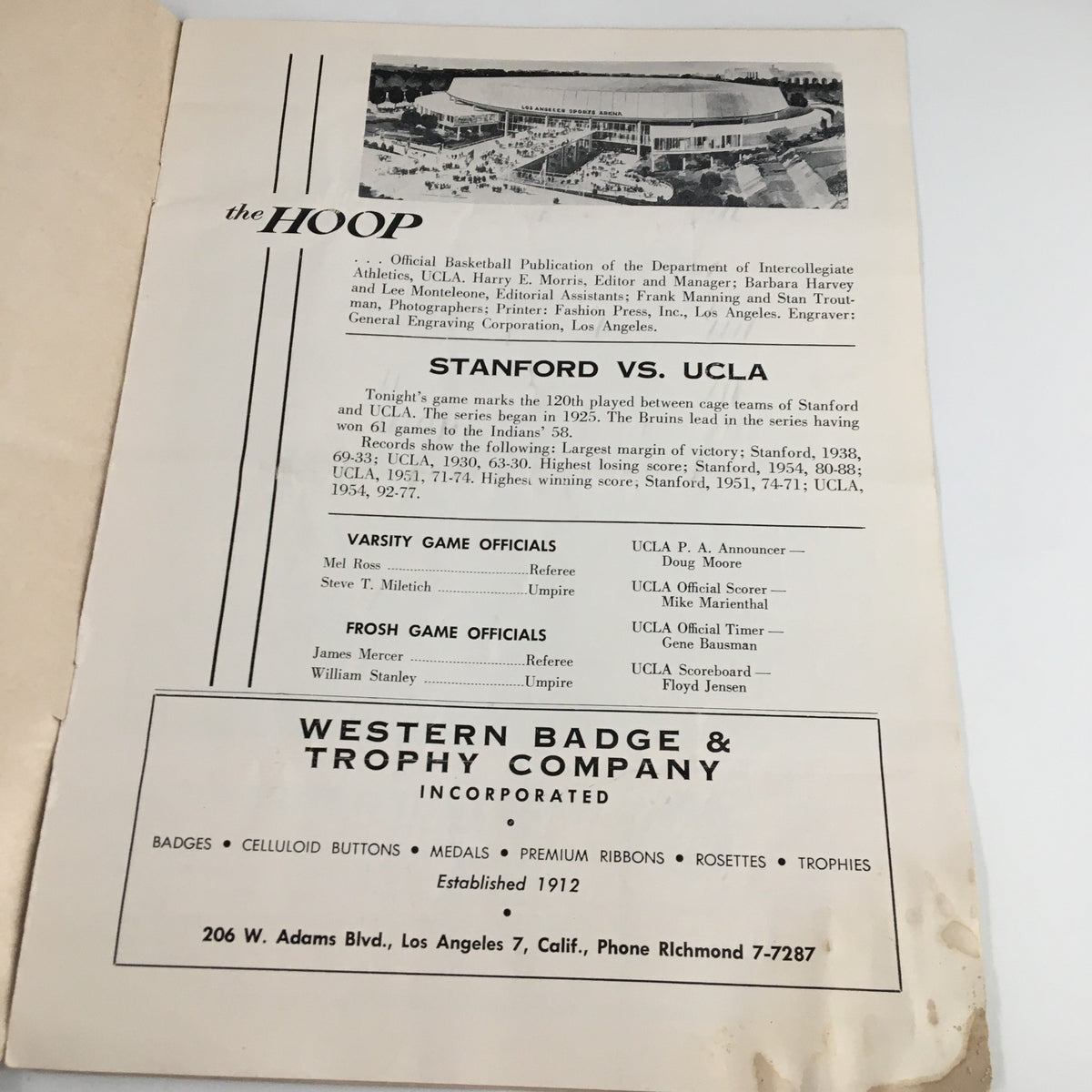 The Hoop official game page from the February 10, 1962 NCAA Basketball Stanford vs UCLA Official Program displaying match details and officials.