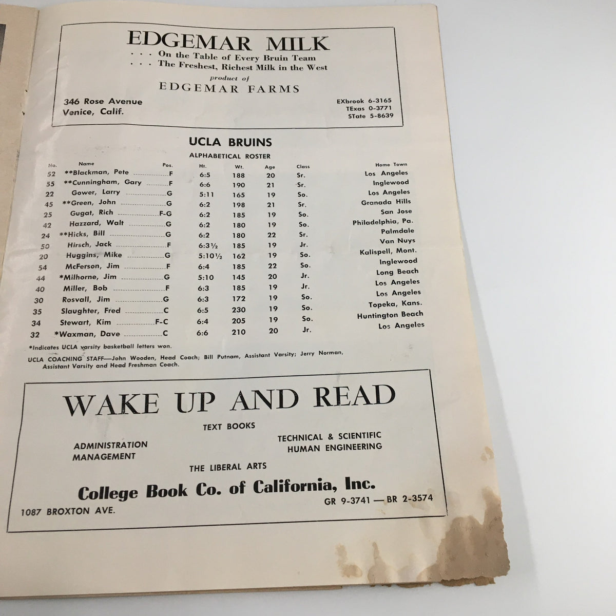 February 10, 1962 NCAA Basketball Stanford vs UCLA Official Program interior page featuring the UCLA Bruins roster, including player statistics.